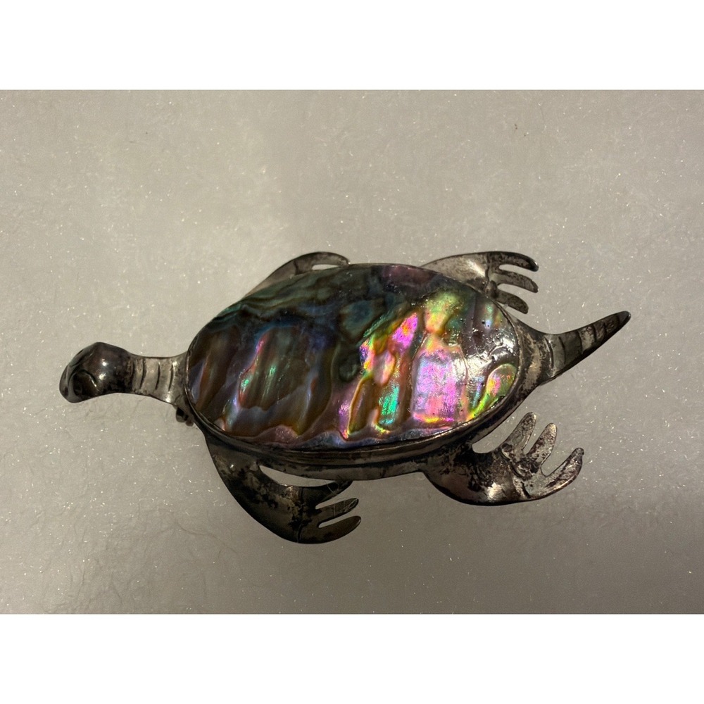 Vintage Sterling Silver 925 Turtle Brooch Mother of Pearl Shell 1.75" Pin Mexico